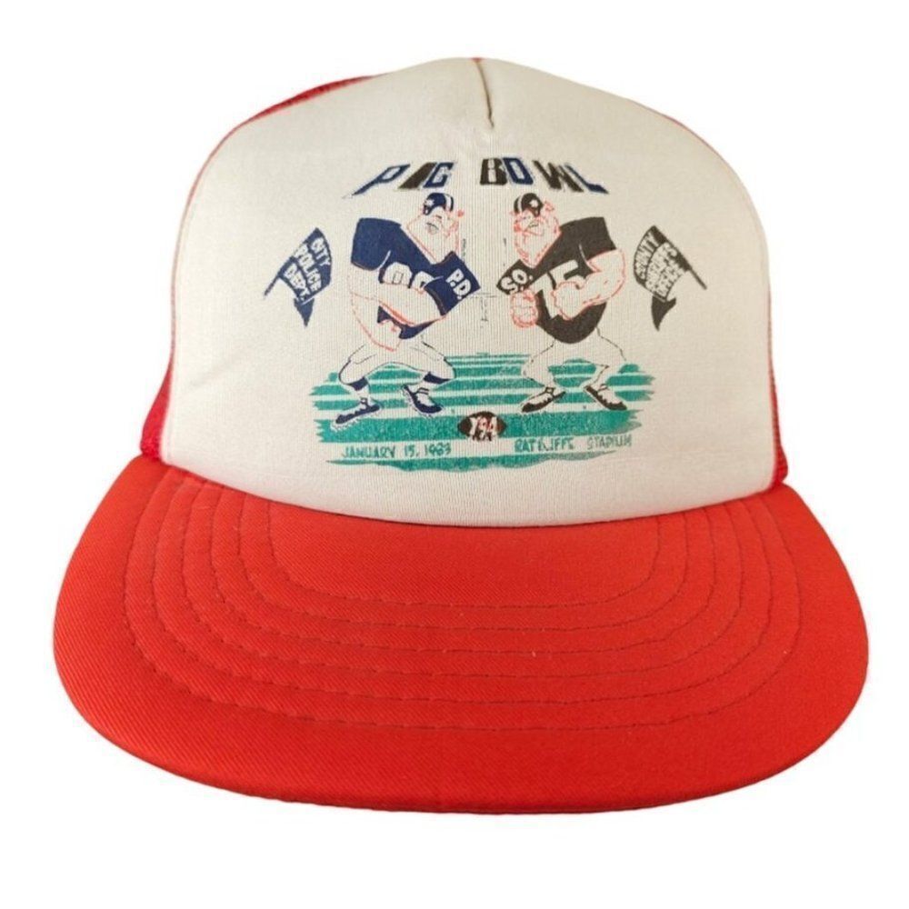 Police Sheriff 1983 Pig Bowl Trucker Hat Mens One Size Vintage 80s Snapback Cap
